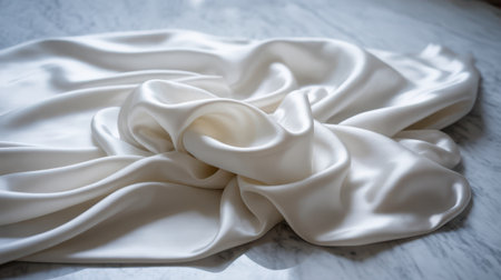 A close-up shot of luxuriously draped white silk fabric resting on a marble surface. The fabric exhibits soft folds and creases, catching the light to create a beautiful interplay of highlights and shadows. The smooth, lustrous texture of the silk contrasts with the subtle patterns of the marble beneath. Sunlight casts gentle shadows, adding depth and warmth to the scene.の素材