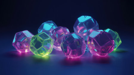 A cluster of faceted geometric crystals glows with vibrant neon light in shades of pink, blue, and green. The crystals are translucent and appear to emit their own light, creating a luminous and ethereal effect. Their sharp edges and smooth surfaces are clearly defined, suggesting a 3D rendered or digitally created object. The arrangement is visually striking and abstract.の素材