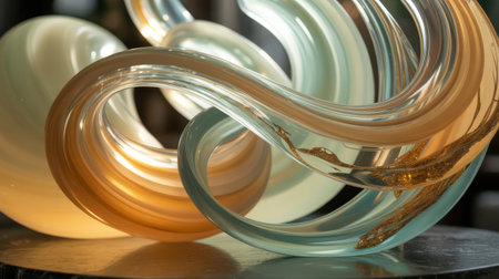 A close-up, detailed view of an abstract sculpture made of swirling glass. The sculpture features smooth, flowing curves in translucent shades of amber, gold, and teal. Gold flecks are embedded within the glass, catching the light and adding a metallic shimmer. Soft, warm lighting illuminates the piece, highlighting its reflective surfaces and creating a sense of depth and elegance. The sculpture rests on a dark, textured surface.の素材