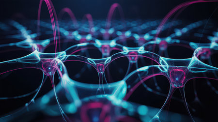 An abstract representation of a neural network with interconnected, glowing neuron-like structures. Bright pink and cyan light pulses through the connections, suggesting the flow of information or energy. The intricate, organic pathways create a sense of complexity and a futuristic, scientific aesthetic against a dark background.の素材