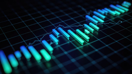 A 3D rendered bar chart with a superimposed line graph displays an upward trend against a dark grid background. The bars and lines are illuminated with a gradient of blue and green light, suggesting growth and positive performance. The grid lines create a sense of depth and structure, emphasizing the data visualization aspect of the image.の素材