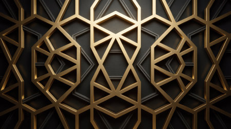 A close-up, symmetrical view of a complex geometric pattern in gold against a dark, textured background. The pattern consists of interlocking polygons and star shapes, characteristic of Islamic art and design. The gold lines create a striking contrast with the dark, matte surface.の素材