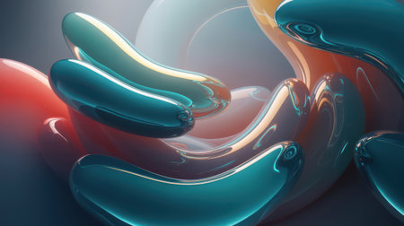 This image showcases a collection of smooth, organic, and fluid shapes with a highly glossy and iridescent surface. The shapes appear to be flowing and interacting, creating a dynamic and visually rich abstract composition. The colors are a blend of reds, oranges, and teal, with strong highlights and reflections that emphasize the liquid-like quality of the forms.の素材