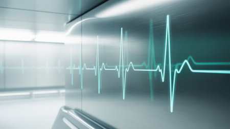 A close-up view of a futuristic medical monitor displaying a bright blue electrocardiogram waveform. The waveform is sharp and clear against a metallic, textured surface. The background suggests a sterile, modern medical environment with soft, diffused lighting and reflective surfaces. The overall impression is one of advanced healthcare technology and vital sign monitoring.の素材