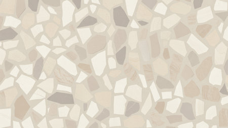 A seamless, repeating pattern of terrazzo with irregularly shaped chips in neutral tones of beige, cream, grey, and white. The chips are embedded in a light grey grout, creating a textured and visually interesting surface. This design is suitable for backgrounds, textures, and interior design elements.の素材