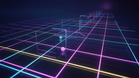 An abstract digital landscape features a glowing neon grid stretching into the distance. Lines of purple, blue, and yellow form the grid, creating a sense of depth and perspective. Two small, luminous spheres, one pink and one blue, float within the grid. The background is dark and atmospheric, with subtle purple and blue hues, evoking a futuristic or cyberspace environment.の素材