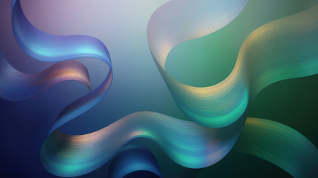This abstract image features smooth, flowing ribbons of an iridescent metallic material. The ribbons curve and twist in a dynamic, wave-like pattern against a soft gradient background. The surface of the material reflects light with subtle shifts in color, ranging from blues and greens to hints of purple and gold, creating a sophisticated and elegant visual.の素材