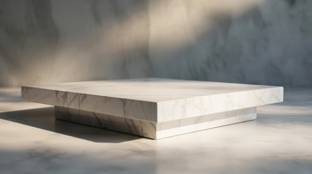 A minimalist, geometric marble pedestal is positioned on a marble surface. Dramatic sunlight casts dappled shadows across the scene, creating a sense of depth and ambiance. The background features a blurred marble texture, enhancing the clean and elegant aesthetic. This image is ideal for product displays or conceptual presentations.の素材
