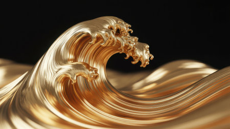 A dramatic, close-up rendering of a golden ocean wave in mid-crash. The liquid metal texture of the wave is highly detailed, with flowing lines and a shiny, polished surface that reflects light. The crest of the wave is breaking, creating a sense of dynamic motion and power. The background is a solid black, which makes the golden wave stand out prominently.の素材