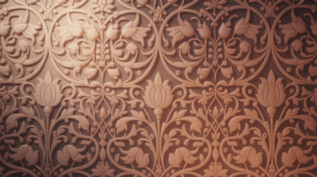 A close-up view reveals an intricate and ornate pattern carved in relief on a textured surface. The design features stylized floral motifs and flowing leaves, creating a sense of depth and dimension. The warm, muted lighting highlights the details of the carving, emphasizing the craftsmanship and decorative nature of the artwork. The pattern appears to be repeating, suggesting it could be a wallpaper or architectural embellishment.の素材