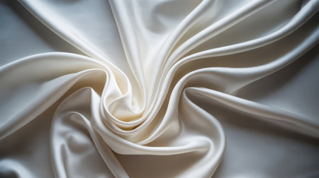 A close-up, abstract view of flowing white satin fabric. The material is draped in soft folds and pleats, creating a sense of depth and movement. Subtle highlights and shadows play across the lustrous surface, emphasizing its smooth and luxurious texture. The ivory color adds to its delicate and elegant appearance.の素材