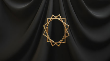 A geometric gold starburst emblem is precisely centered on a backdrop of elegantly draped black fabric. The metallic gold of the emblem contrasts sharply with the deep black of the cloth, creating a sophisticated and luxurious visual. The fabric has soft folds and shadows, adding depth to the composition.の素材