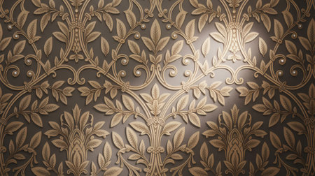 A detailed, close-up view of an ornate damask wallpaper pattern. The design features intricate golden-colored floral motifs, swirling vines, and small pearl-like embellishments against a muted grey background. The pattern has a raised, textured appearance, suggesting a relief effect.の素材
