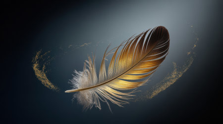 A single, elegant feather with a golden-brown hue and soft white down at its base is suspended against a dark, subtly lit background. Swirls of glittering gold dust frame the feather, adding a touch of magic and luxury. The lighting highlights the delicate texture and sheen of the feather.の素材