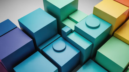 A close-up, high-angle view of a geometric arrangement of colorful cubes and cylinders. The shapes are rendered in various shades of blue, teal, purple, green, and yellow, creating a visually appealing and organized composition. Some cubes have circular indentations, resembling toy building blocks, stacked and placed in a visually interesting pattern on a light gray surface.の素材