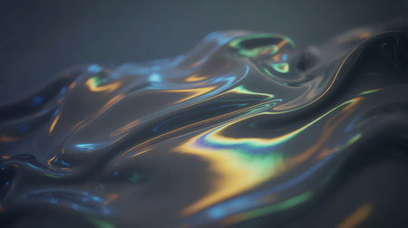 A close-up view of a dark, iridescent liquid surface displays mesmerizing swirls of color. The fluid material reflects light in a holographic manner, creating shifting hues of yellow, green, blue, and purple. The smooth, glossy texture and dynamic patterns suggest a rich and captivating abstract composition.の素材