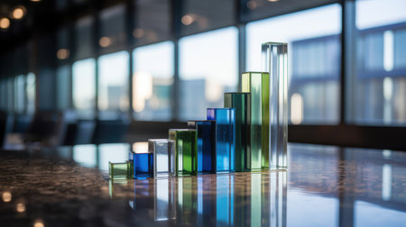 A conceptual image depicting a bar graph made of clear and colored glass, arranged in ascending height. The bars transition from clear to blue and green, symbolizing growth and progress. The graph is placed on a reflective surface, likely a polished table, with a blurred background of a modern office space, featuring large windows and soft bokeh lights.の素材