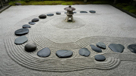 A tranquil Japanese Zen garden featuring meticulously raked white sand forming concentric circles. A small stone lantern, resembling a pagoda, stands at the center of a curved arrangement of dark, smooth stones. Green moss and foliage are visible in the background, adding a touch of natural contrast.の素材