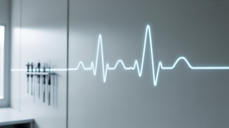 A close-up view of a medical monitor displaying a bright blue electrocardiogram waveform. The waveform is sharp and clear, while the background is softly blurred, suggesting a hospital or clinical environment with medical equipment visible on the left. The focus is on the vital sign display, conveying a sense of urgency and technological advancement in healthcare.の素材