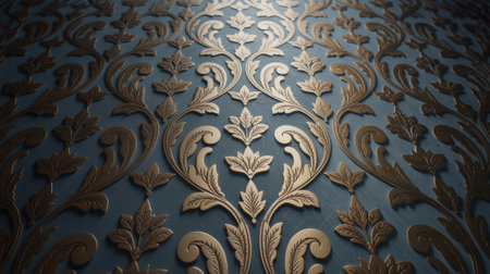 A close-up view of an ornate damask pattern with golden floral motifs against a textured blue background. The shallow depth of field blurs the edges, highlighting the intricate details of the repeating design. The metallic gold elements are raised, creating a sense of depth and luxury.の素材