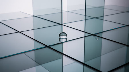 A minimalist composition of clear glass panels arranged in a grid pattern. A single, perfectly spherical water droplet rests on one of the panels, reflecting the light and its surroundings. Smaller droplets are visible on adjacent panels. The image emphasizes clarity, precision, and the interplay of light and reflection on smooth surfaces.の素材