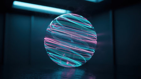 A translucent sphere glows with internal light, its surface crisscrossed by swirling neon lines of pink and teal. Wisps of ethereal smoke or energy emanate from the orb, set against a dark, minimalist room with subtle blue lighting. The scene evokes a sense of futuristic technology and abstract energy.の素材