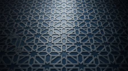 A detailed, close-up view of an intricate geometric Islamic pattern. The design features interlocking stars and squares in shades of deep blue and grey, creating a symmetrical and repeating motif. The pattern appears to be raised or carved, casting subtle shadows that enhance its complexity and depth.の素材