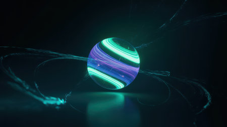A glowing sphere, rendered in shades of teal and purple, is suspended in darkness. Energetic trails of teal light swirl outwards from the sphere, creating a dynamic and abstract visual. The surface of the orb displays subtle stripes of light, suggesting internal energy or data flow.の素材