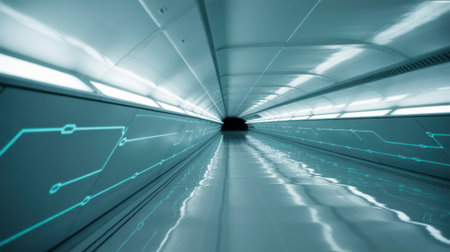A long, futuristic tunnel with a sleek, metallic interior. The walls are lined with illuminated panels and glowing cyan circuit patterns. The floor is highly reflective, mirroring the tunnel's lights and creating a sense of depth and motion. The tunnel recedes into a dark vanishing point, suggesting a journey into the unknown.の素材