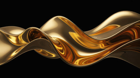 A dynamic, flowing wave of liquid gold is depicted against a stark black background. The metallic substance has a highly reflective and glossy surface, showcasing intricate swirls and ripples that create a sense of depth and movement. The light catches the curves and edges, highlighting the rich, warm tones of the gold.の素材