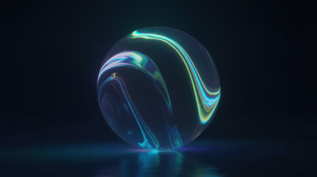 A transparent sphere with swirling patterns of colorful light, including blue, green, yellow, and purple streaks, sits on a dark, reflective surface. The sphere emits a soft glow, and the light within appears to be in constant motion. The overall image has a futuristic and abstract feel, suggesting science or technology.の素材