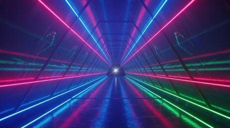 A long, hexagonal tunnel illuminated by vibrant neon lights in pink, blue, and green. The geometric architecture of the tunnel recedes into a bright light at the vanishing point. The floor is wet and highly reflective, mirroring the colorful lights and creating a sense of depth and immersion. The scene evokes a futuristic, digital, or science fiction aesthetic.の素材