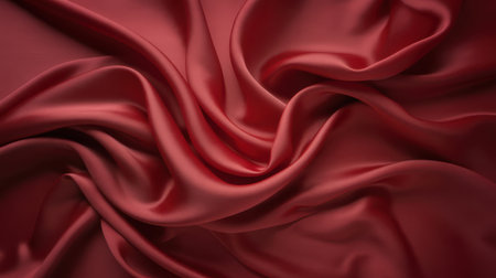 A close-up view of luxurious, deep red silk fabric. The material is artfully draped, creating soft, flowing folds and elegant ripples that catch the light. The surface of the silk has a subtle sheen, highlighting its smooth and fluid texture. The color is rich and vibrant, suggesting a sense of opulence and elegance. The lighting emphasizes the curves and shadows within the fabric, giving it a three-dimensional quality.の素材