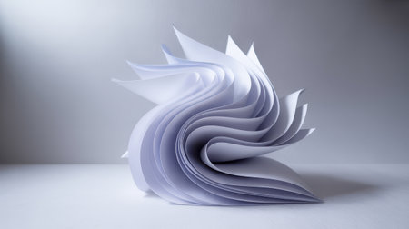 A single, elegant sculptural form made from white paper is the focus of this image. The paper is intricately folded and curved to create a dynamic, wave-like shape with smooth, flowing lines. The lighting emphasizes the texture and contours of the paper, casting subtle shadows that enhance its three-dimensional quality against a clean, light background.の素材