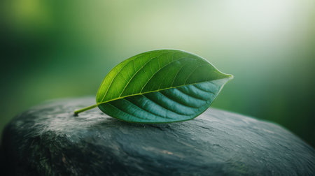 A single, vibrant green leaf with prominent veins rests on a dark, textured rock surface. The leaf is in sharp focus, showcasing its organic shape and intricate details. The background is softly blurred with a green bokeh effect, suggesting a natural, outdoor environment.の素材