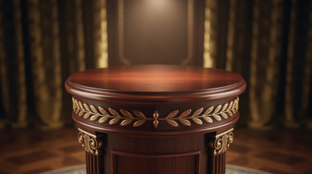 A round, polished dark wooden podium with a rich sheen is presented. A decorative gold laurel wreath encircles the upper section, and classical fluted columns adorn the base. The podium is lit by a warm spotlight from above, casting soft shadows. In the background, dark green curtains provide a muted, elegant setting.の素材