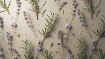 A repeating pattern of fresh rosemary sprigs and delicate lavender flowers arranged on a neutral, light beige background. Small, clear water droplets are scattered across the surface, adding a sense of freshness and moisture. The rosemary has thin, needle-like green leaves, while the lavender features slender stems with clusters of small purple flowers. The composition is clean and organized, creating a visually appealing botanical texture.の素材