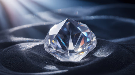 A single, brilliant-cut diamond rests on a dark, richly textured silky fabric. Soft, dramatic lighting illuminates the gemstone, causing it to sparkle with internal fire and external reflections of blue, purple, and pink hues. Subtle dust particles float in the air, adding a magical quality to the scene.の素材