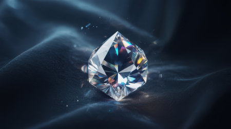 A luminous diamond is showcased on a dark, flowing fabric. The multifaceted gemstone refracts light, creating a spectrum of rainbow colors. Soft lighting and subtle bokeh effects enhance the luxurious and ethereal feel of the image, with tiny particles adding a touch of magic.の素材