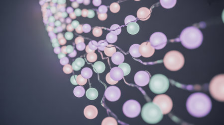 A close-up, soft-focus view of a string of round fairy lights. The lights emit a gentle, pastel glow in shades of pink, purple, and light green. The shallow depth of field creates a beautiful bokeh effect, with the lights appearing blurred and diffused against a dark background, evoking a festive and dreamy atmosphere.の素材