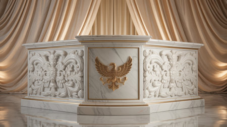 An ornate white marble podium, intricately carved with floral motifs and accented with gold trim, stands prominently. A golden eagle emblem is featured on the front panel. Behind the podium, soft, cream-colored drapes create a formal and elegant backdrop. The floor is reflective, adding to the luxurious feel.の素材