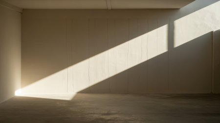 An empty room with plain white walls and a concrete floor is dramatically illuminated by a strong diagonal beam of sunlight. The light creates a sharp contrast with the shadows, highlighting the architectural lines and the texture of the surfaces in a minimalist and serene composition.の素材