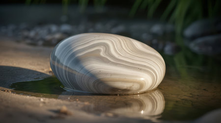 A single, smooth, and highly polished stone rests in shallow, clear water. The stone exhibits beautiful swirling patterns of grey, white, and light beige, creating an abstract, marbled effect. Sunlight catches the surface, highlighting its glossy finish and the subtle curves of its form. The water around the stone is still, creating a soft reflection of the stone and its surroundings. The background is blurred, suggesting a natural outdoor setting with hints of sand and greenery.の素材