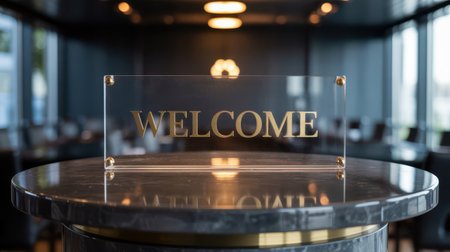 A clear acrylic sign with elegant gold lettering spelling "WELCOME" stands on a polished dark marble table. The sign is illuminated by warm, ambient light, and the background shows a softly blurred interior with seating and ceiling lights, suggesting a sophisticated reception or lobby area.の素材