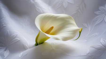 A single, pristine white calla lily is elegantly positioned on a textured white fabric. The fabric has an embossed floral pattern, adding a subtle layer of detail and sophistication. Soft light and shadows play across the smooth petals of the lily and the textured surface of the fabric, creating a serene and delicate composition.の素材