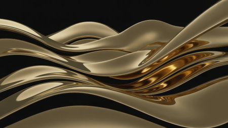 Abstract golden waves flow smoothly across a dark background. The metallic surface is highly reflective, creating highlights and subtle color shifts within the curves. The sleek, undulating lines suggest a fluid and elegant motion, forming a luxurious and modern abstract composition.の素材