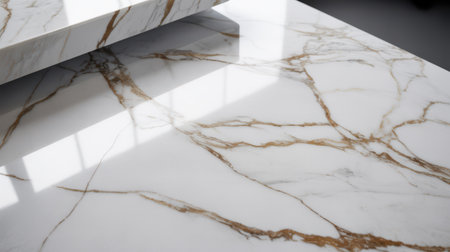 A close-up view of a white marble surface with intricate gold veins running through it. The polished surface reflects light, creating bright highlights and soft shadows. The texture of the stone is detailed, showcasing the natural patterns and variations. This image evokes a sense of luxury and sophistication, suitable for interior design or material showcases.の素材