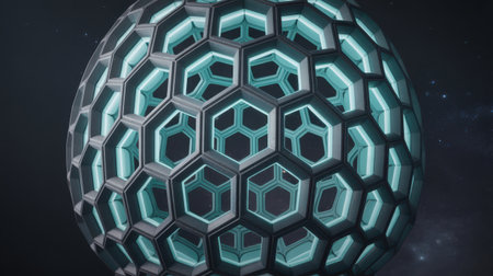 A close-up view of a spherical object composed of interlocking hexagonal cells. The structure has a dark, metallic exterior with a bright cyan glow emanating from within the hexagonal openings. The background is dark and slightly textured, emphasizing the intricate geometric form of the sphere.の素材