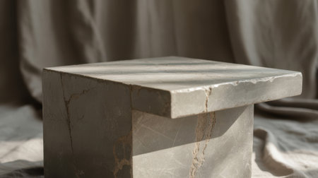 A close-up, still life image of a grey stone cube serving as a pedestal. The stone has a visible texture with natural cracks and variations. Dramatic lighting casts strong shadows across its surfaces, highlighting its raw, geometric form. A soft, draped neutral-colored fabric forms the background.の素材