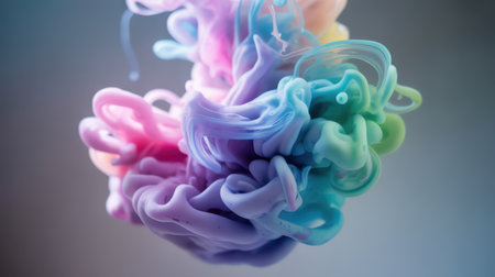 Abstract swirling clouds of pastel-colored ink diffuse and blend in water, creating a dynamic and fluid visual. The colors range from soft pinks and purples to blues, greens, and hints of yellow, forming intricate and organic shapes against a softly lit, neutral background. This image captures the beauty of liquid motion and color mixing.の素材